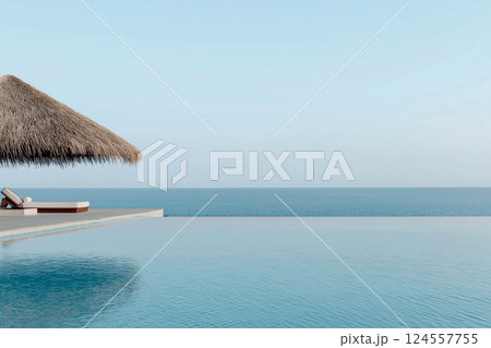 Thatched-roof cabana by an infinity pool overlooking a serene ocean. A tranquil scene featuring a cabana with thatched roof near a luxurious pool. Summer vacation concept, warm summer vibes 124557755