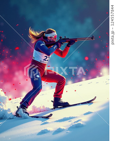 Dynamic biathlon athlete in vibrant winter landscape capturing sport passion and intensity Dynamic biathlon athlete in vibrant winter landscape capturing sport passion and intensity 124557844