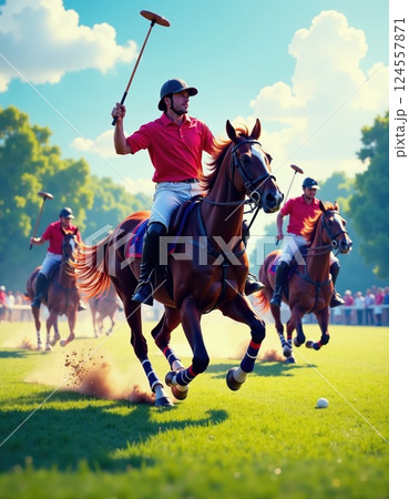 Dynamic polo match in action highlighting equestrian skills and competitive spirit under a sunny sky 124557871