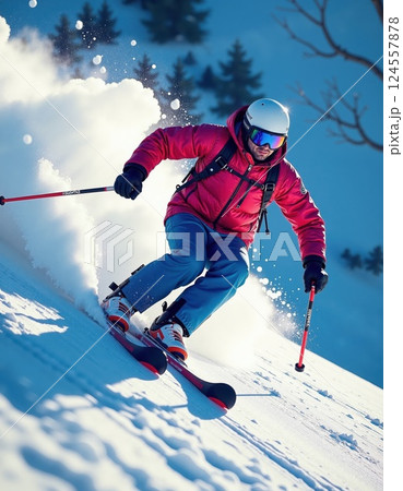 Dynamic skiing adventure in snowy mountain landscape with vibrant winter gear 124557878