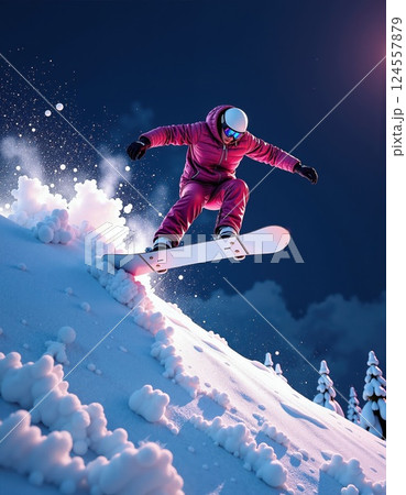 Dynamic snowboarding adventure at dusk with stylish attire and vibrant snowburst for winter sports enthusiasts 124557879