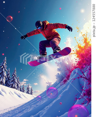 Dynamic snowboarding adventure with vibrant splash of colors in winter landscape Dynamic snowboarding adventure with vibrant splash of colors in winter landscape 124557880