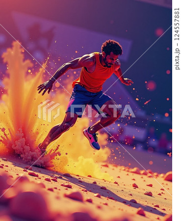 Dynamic sports action with vibrant colors: athlete's energetic sprint on particulate sand explosion 124557881