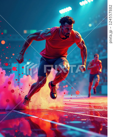 Dynamic sprinting action with vibrant energy and speed at night stadium 124557882