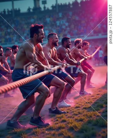 Dynamic team spirit tug of war competition in vibrant stadium setting for sports promotion design Dynamic team spirit tug of war competition in vibrant stadium setting for sports promotion design 124557887