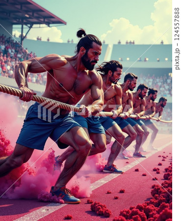 Dynamic team tug-of-war competition at energetic outdoor sporting event with vibrant atmosphere Dynamic team tug-of-war competition at energetic outdoor sporting event with vibrant atmosphere 124557888