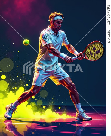 Dynamic tennis action: vibrant neon colors and energetic motion for sports enthusiasts and modern art lovers 124557893