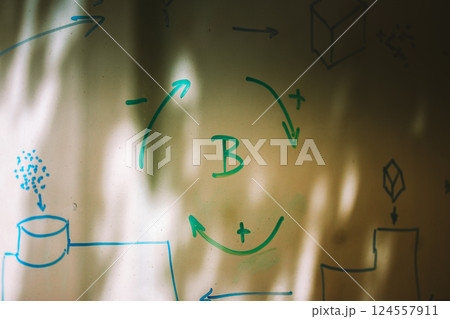 Plastic recycling formula drawn on glass in a laboratory. Sorting, recycling, categorizing different plastic waste scheme. Class board in sunlight. 124557911