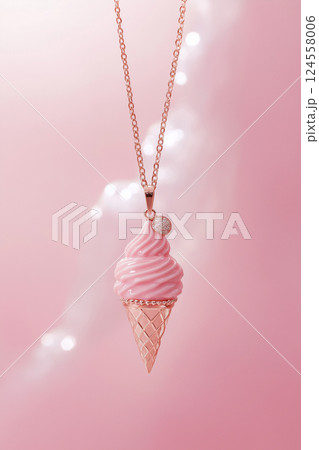 Elegant rose gold ice cream cone necklace on a soft pink background. Rose gold ice cream cone jewelry pendant. Sweets and fast fashion concept. Rip diet, creative jewelry. Summer vibes, holidays. 124558006