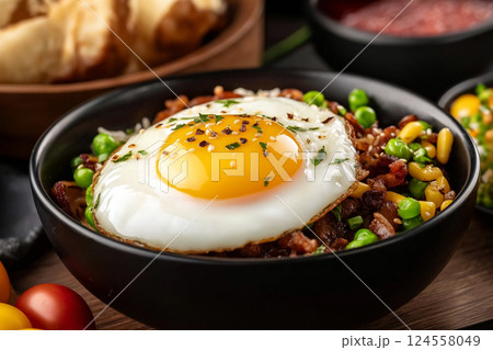 A plate featuring a sunny side up egg with greens, corn, and tomatoes. Delicious breakfast plate with fresh vegetables and fried egg. Healthy breakfast, diet and weight loss theme 124558049
