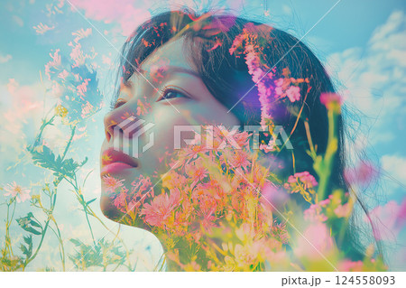 Double exposure. Vivid portrait combining flowers and woman face using creative imagery techniques. Dreamlike composite artwork blending portraiture with lush floral overlays. Spring, dreaming concept 124558093