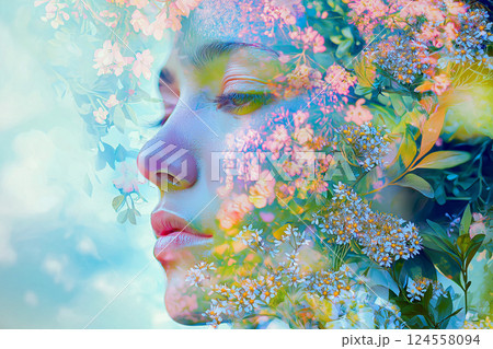 Double exposure. Vivid portrait combining flowers and woman face using creative imagery techniques. Dreamlike composite artwork blending portraiture with lush floral overlays. Spring, dreaming concept 124558094