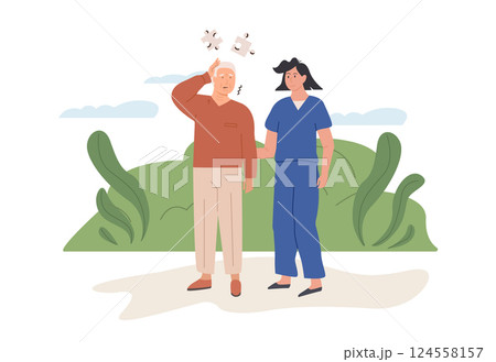 A nurse or female doctor and old age man outdoors. Volunteer helping elderly man. Scene of social worker with senior person in nature. Assisted living concept. Alzheimer, dementia. Vector illustration 124558157