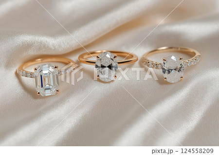 Engagement rings showcasing sparkling diamonds on silky fabric, perfect for romantic inspiration. Elegant diamond rings displayed on luxurious satin. Different diamond cuts for engagement ring 124558209