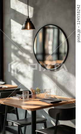 Minimalist restaurant dining area with round mirror and houseplants in natural light. Modern dining table with sunlight, a round mirror, and minimalistic houseplants. Modern cafe interior Minimalist restaurant dining area with round mirror and houseplants in natural light. Modern dining table with sunlight, a round mirror, and minimalistic houseplants. Modern cafe interior 124558242
