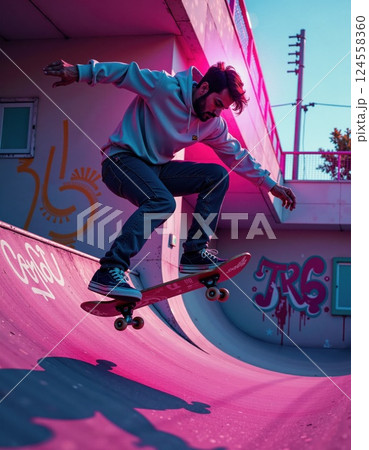 Energetic skateboard trick in vibrant urban skatepark setting at sunset 124558360