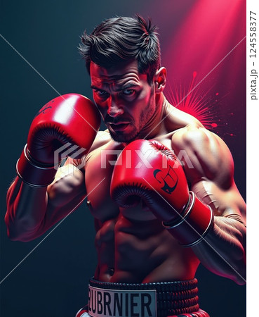 Intense boxing focus: determined fighter in dramatic red lighting for sports campaigns 124558377