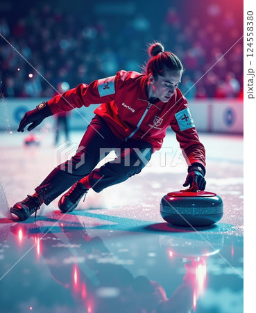 Intense curling match action in vibrant ice arena with dynamic motion 124558380