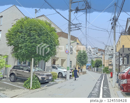 東京の住宅街の道路。イラスト風の写真。 東京の住宅街の道路。イラスト風の写真。 124558428
