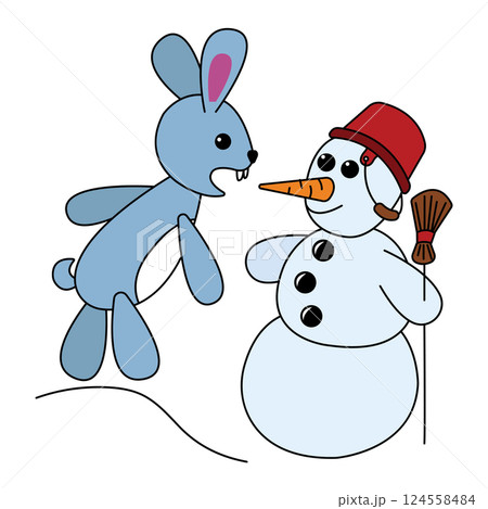 Bunny bites off snowman's carrot nose. Vector illustration isolated on white background. Bunny bites off snowman's carrot nose. Vector illustration isolated on white background. 124558484