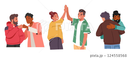 Young diverse people greeting gesture high-five and fist bump symbols and warm friendly hugs 124558568