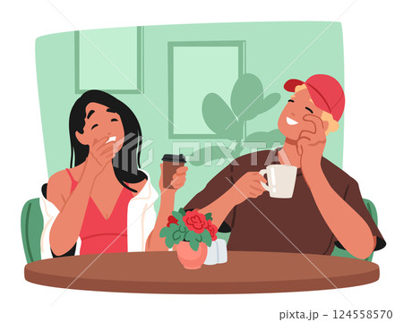 Laughing man and woman couple resting in cafe spending fun and joy time together cartoon scene Laughing man and woman couple resting in cafe spending fun and joy time together cartoon scene 124558570