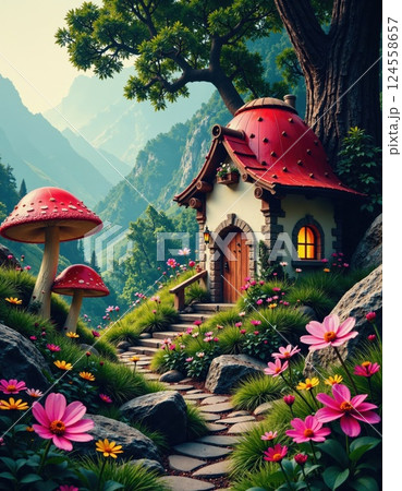 Enchanting fairy tale cottage in lush mountain landscape with whimsical mushroom decor Enchanting fairy tale cottage in lush mountain landscape with whimsical mushroom decor 124558657