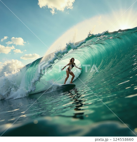 Exhilarating ocean surf adventure at sunset - ride the perfect wave for ultimate freedom inspiration and outdoor thrill in vibrant nature Exhilarating ocean surf adventure at sunset - ride the perfect wave for ultimate freedom inspiration and outdoor thrill in vibrant nature 124558660