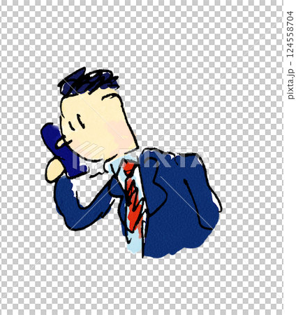 Rough line drawing style A businessman in a suit talking on a mobile phone or smartphone Upper body Mixed solid color and watercolor 124558704