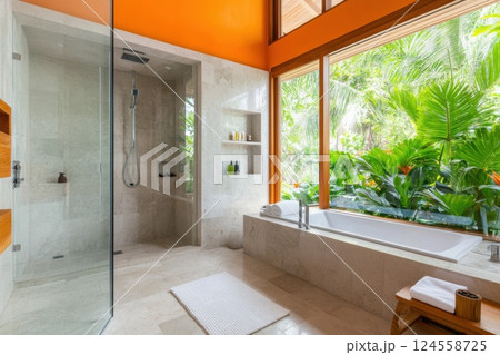 Luxurious contemporary walk in shower with large rainfall showerhead and bright atmosphere 124558725
