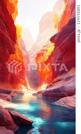 Serene canyon with vibrant colors and crystal like walls under bright natural light 124558801