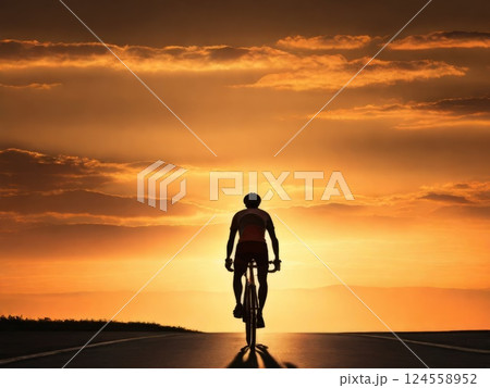 silhouette of cyclist on asphalt road walking through green landscape at sunset 124558952