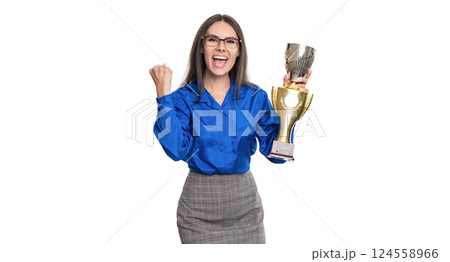 Businesswoman on business successful meeting isolated on white. Successful business woman in formalwear hold champion cup. Business reward and success. Business success. Express happiness 124558966