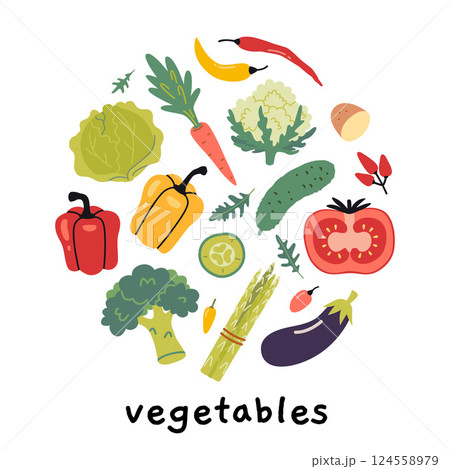 Vegetables set in circle shape. Ideal for healthy eating, vegetarian and organic food concepts. Trendy modern vector illustration isolated on white, hand drawn, flat design 124558979