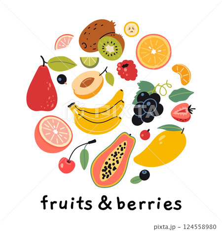 Fresh fruits and berries set in circle shape. Healthy eating, natural food and organic product concepts. Trendy modern vector illustration isolated on white, hand drawn, flat design 124558980