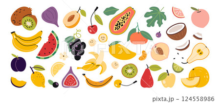 Fresh tropical fruits like bananas, apple, orange, kiwi and more. Healthy eating, nutrition and wellness concepts. Trendy modern vector illustration isolated on white, hand drawn, flat design 124558986