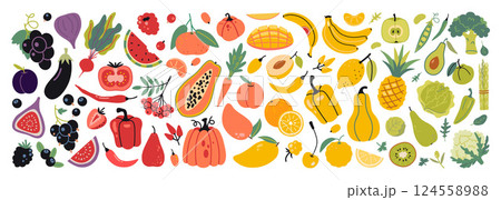 Color spectrum of fruits and vegetables, food rainbow. Healthy eating, nutrition and wellness concepts. Trendy modern vector illustration isolated on white background, hand drawn, flat design 124558988