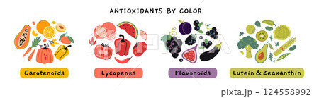 Antioxidants rich foods by their color groups infographics, Carotenoids, lycopenes, flavonoids, lutein and zeaxanthin. Trendy modern vector illustration isolated on white, hand drawn, flat design 124558992