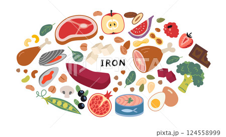 Iron food sources like meat, seafood, fruits, vegetables and nuts. Health, nutrition, and wellness concepts. Trendy modern vector illustration isolated on white background, hand drawn, flat design Iron food sources like meat, seafood, fruits, vegetables and nuts. Health, nutrition, and wellness concepts. Trendy modern vector illustration isolated on white background, hand drawn, flat design 124558999