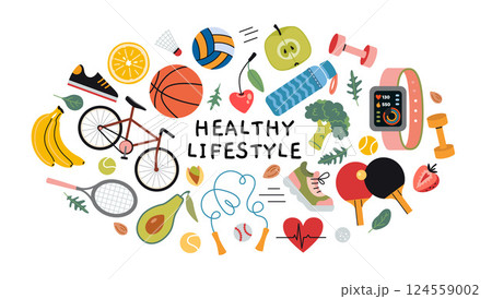 Healthy Lifestyle Concept set. Fitness equipment, nutritious foods and sports activities. Balanced and active lifestyle for wellbeing. Trendy modern vector illustration isolated on white, flat design 124559002