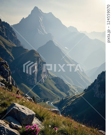 Majestic mountain landscape with serene valley and wildflowers in golden hour light 124559070