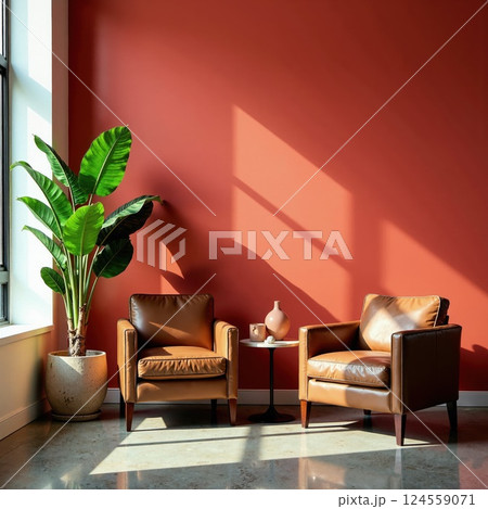 Mid-century modern interior with leather armchairs and foliage in sunlit room for inspirational design spaces 124559071