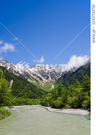 【爽やか上高地】河童橋周辺の新緑と穂高連峰 の絶景 【爽やか上高地】河童橋周辺の新緑と穂高連峰 の絶景 124559258