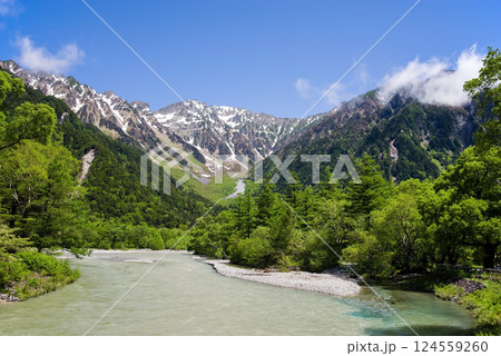 【爽やか上高地】河童橋周辺の新緑と穂高連峰 の絶景 124559260