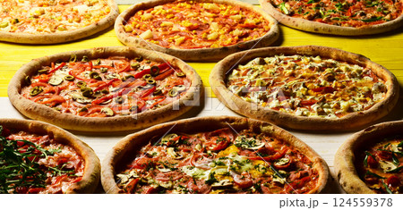 Fast food restaurant concept. Different pizzas set for menu 124559378