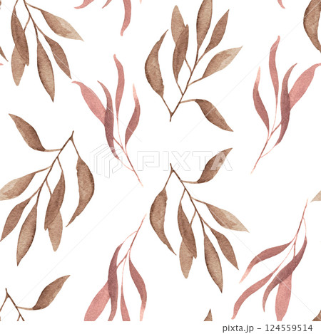 Seamless fantasy brown and light purple twigs and leaves pattern by watercolor. 124559514