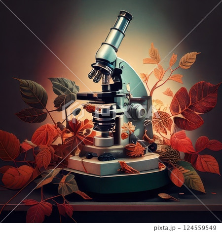 Microscope surrounded by autumn leaves highlights the beauty of nature and science in a creative display of life Generative AI 124559549