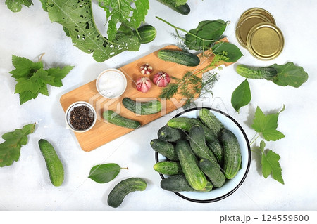 Cucumbers and ingredients for pickling them, the concept of home canning, healthy and natural nutrition. Cucumbers, dill, garlic, currant leaves, cherries, horseradish, oak and basil, rustic pickling Cucumbers and ingredients for pickling them, the concept of home canning, healthy and natural nutrition. Cucumbers, dill, garlic, currant leaves, cherries, horseradish, oak and basil, rustic pickling 124559600