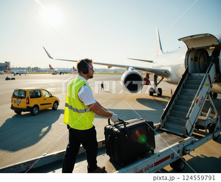 Airport ground crew handling luggage in sunny weather for safe flight preparation and efficient baggage management 124559791