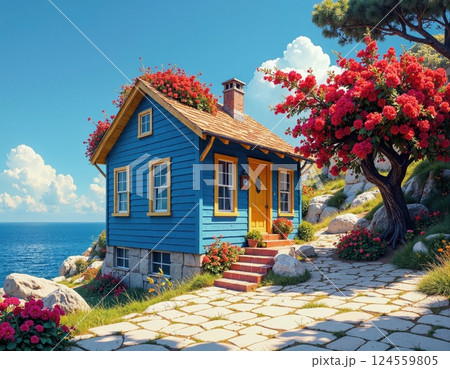 Charming coastal cottage in bloom with colorful garden and ocean view under sunny skies 124559805